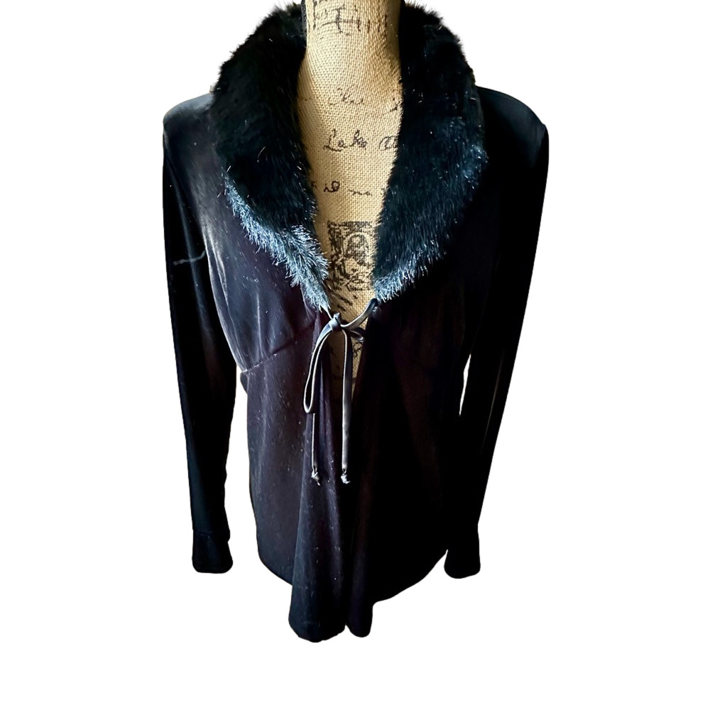 Vintage R&K Black Velvet Tie Evening Jacket with Faux Fur Collar Size 14 Missy